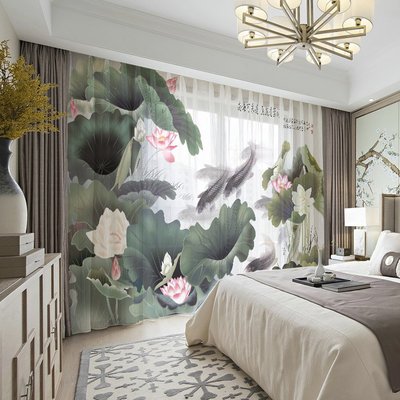 定制新中式窗簾荷葉荷花鯉魚水墨國畫古典中國風臥室客廳遮光窗紗