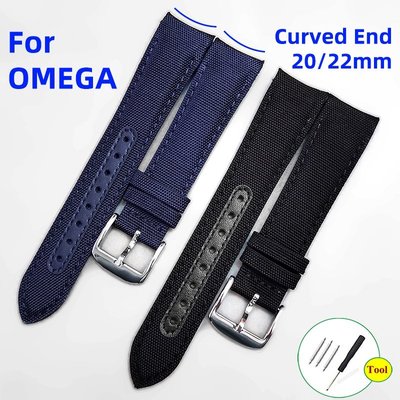 20 毫米 22 毫米尼龍錶帶皮革錶帶適用於 OMEGA Seamaster 300 錶帶手鍊彎曲末端帆布牛皮錶帶男士女