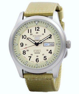 SEIKO WATCH 精工全日本製軍用第三代米色帆布帶自動機械腕錶 型號：SNZG07J1【神梭鐘錶】