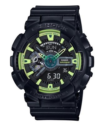 G-SHOCK CASIO 卡西歐比螢火蟲還吸睛黑色跳萊姆綠雙顯運動腕錶 型號：GA-100LY-1A【神梭鐘錶】