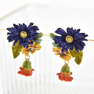 【MOMO生活館】Les Nereides 手工琺瑯 矢車菊花朵 藍色花朵耳環 耳針耳夾