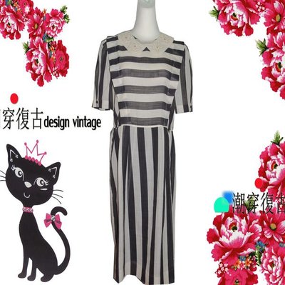 ♛ 黑貓姊vintage潮流古著♛㊕㊝春夏日本帶回歐風黑白條紋麻紗復古短袖洋裝☞