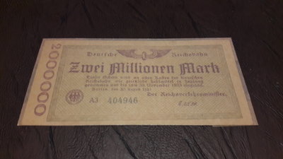德國鐵路公司 1923年 200萬馬克紙鈔實物如圖