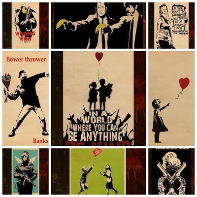 免運-Banksy海報 街頭嘻哈搖滾藝術涂鴉裝飾畫抽象ins風網紅背景墻壁紙-Autismss寶藏屋