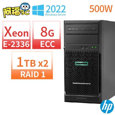 【阿福3C】HP HPE ML30 Gen10商用伺服器E-2336/ECC 8G/1TBx2/Server 2022 STD/DVD/500W/三年保固