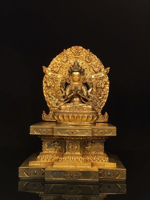 尼泊爾工藝銅鎏金畫臉四臂度母菩薩佛像，寬27cm高40cm厚15cm，重4.1公斤，130080R