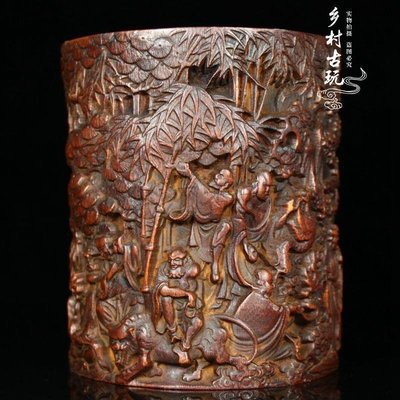 民俗老物件手工竹雕刻十八羅漢筆筒擺件竹雕文玩老貨老包漿收藏品