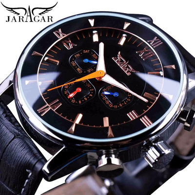 Jaragar六針時尚休閑多功能全自動機械手錶透明后蓋皮帶手錶