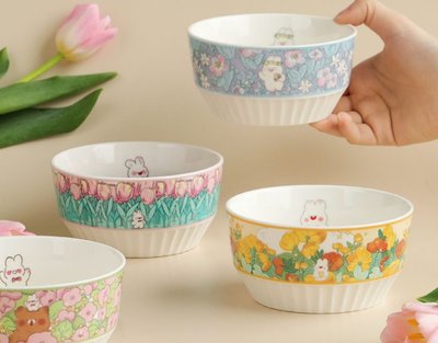 可愛兔與植物復古條紋米飯碗 白色 米飯碗 湯碗 吃飯碗 陶瓷碗 可愛兔子 動物 卡通【小雜貨】