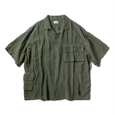 21SS KAPITAL 平田和宏 日系棉麻多口袋男女同款軍綠休閒短袖襯衫