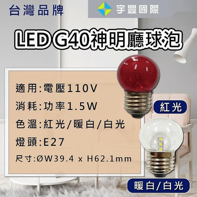 【宇豐國際】台灣品牌 LED 1.5W E27 小夜燈 燈泡 紅光/黃光/白光 小夜燈 神明燈 G40 110V