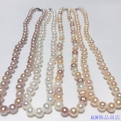 ALIN飾品商店新款天然淡水培養珍珠線珍珠 7-8MM 白色粉紅色紫色多色項鍊 925 純銀表扣