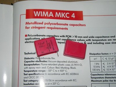 德國WIMA MKC4 1.2uF 250V 20% 腳距:22.5mm Polycarbonate 金屬膜電容1顆1標