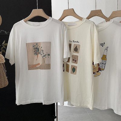 【Abao】夏季 百搭 時尚新品 圓領 四個圖案短袖 寬鬆套頭T恤 上衣潮