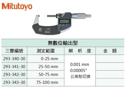 日本三豐Mitutoyo 293-341-30 防塵防水數位式外徑分厘卡 防塵防水數位式外徑測微器 25-50mm