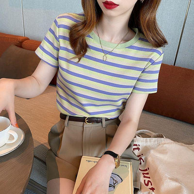 女神駕到~ 95棉網紅條紋短袖T恤2021年夏季新款女裝修身上衣學生韓版打底衫