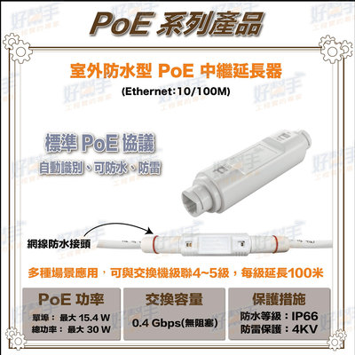 『台灣現貨 快速出貨』戶外防水型 PoE 中繼延長器 10/100Mbps 寬頻無損延長，可防水、防雷擊