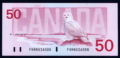 銀幣加拿大紙幣 1988年（禽鳥版）50元 (總理麥肯齊.金) 全新UNC品！