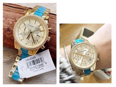 MICHAEL KORS 鑲水鑽 金色鋼錶帶 三眼女錶MK6328（藍x金）