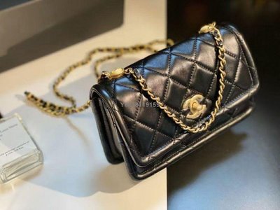 【二手】Chanel 香奈兒 新款 黑金小號19cm 菱格紋復古金幣旋轉扣單肩包