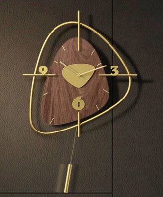 歐美進口 胡桃木造型鐘擺時鐘 金色幾何木質掛鐘擺鐘 牆上靜音時鐘簡約時尚歐風搖擺掛鐘牆鐘餐廳居家時鐘牆面裝飾鐘