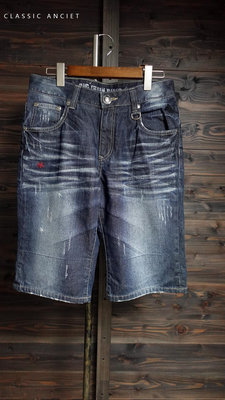 CA 日系品牌 BIG TRAIN 藍色仿舊刷紋 牛仔短褲 M號 一元起標無底價Q128