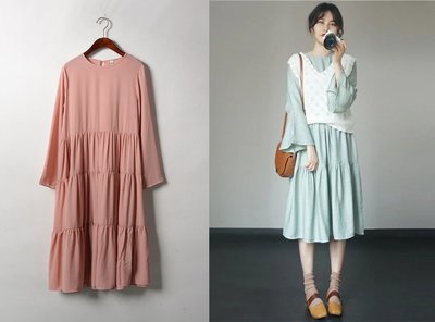 CHOU CHOU→森林系寬鬆蛋糕裙襬長袖洋裝