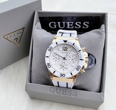 GUESS 白色面錶盤 白色尼龍矽膠錶帶 石英 女士手錶 GW0406L1