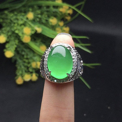 供應 緬甸翡翠滿綠蛋面鑲嵌戒指男款 珠寶首飾玉器 玉石