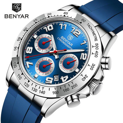新款推薦百搭手錶 賓雅benyar男士手錶 多功能石英錶時尚防水鋼圈膠帶運動男錶 5192 促銷