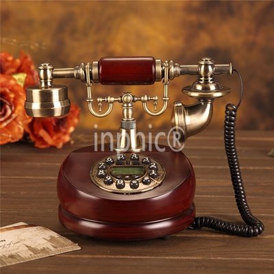 INPHIC-歐式復古電話機實木家用復古電話機座機藍屏來電顯示