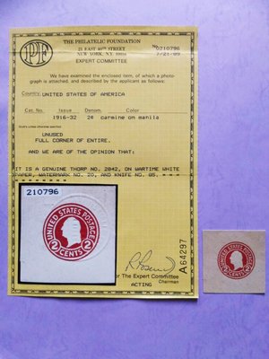 (極品珍藏!)美國(US) 1916年(附證書) Stamp Thorp # 2842 PF Certificate