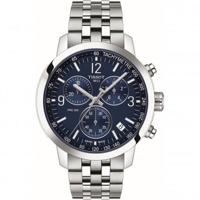 TISSOT T-Sport PRC200 藍色面錶盤 銀色不鏽鋼錶帶 石英 三眼計時 男士手錶 T1144171104700 天梭腕錶