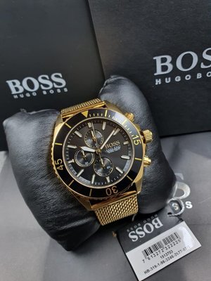 HUGO BOSS Ocean Edition 黑色錶盤 金色不鏽鋼網狀編織錶帶 石英 三眼計時 男士手錶 1513703