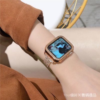 四排鑲鑽金屬錶帶 Apple Watch不鏽鋼表帶 iwatch S8 S7 5 6 SE 女士手鍊 45mm 40 4