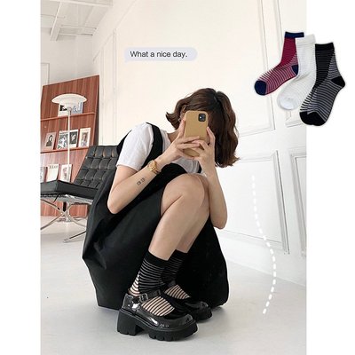 襪子系列 PLUSOX夏天襪子女薄款黑白色條紋玻璃卡絲中筒襪水晶外穿搭配拖鞋