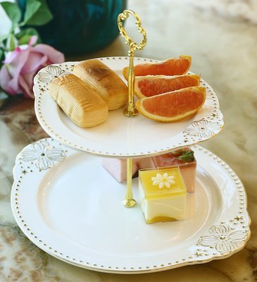 歐式 時尚典雅雙層點心盤 蛋糕盤下午茶盤 陶瓷描金雕花歐風擺盤 水果盤裝飾盤餐盤小物盤