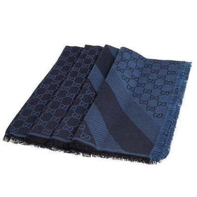 全新法國正品 GUCCI GG提花線條羊毛混絲斜紋雙色流蘇 黑藍 披巾 圍巾