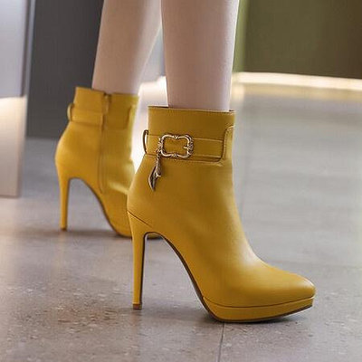 瘦細跟尖頭碼黃色34-502024性感短靴時裝高跟鞋靴子新款 女瘦