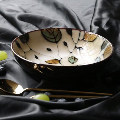 秋日落葉淺口碗   湯碗  拉麵碗  陶瓷餐具  沙拉碗  日式  復古流行  陶瓷碗  大碗公【小雜貨】