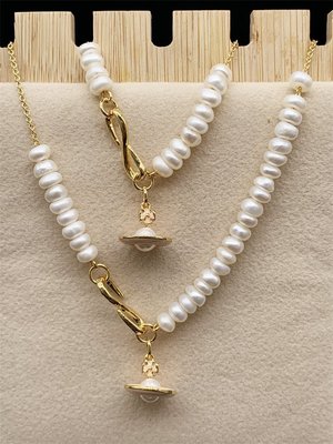 【熱賣精選】Vivienne Westwood 歐美時尚網紅款 可移動天然淡水珍珠粉色土星項鏈 手鏈