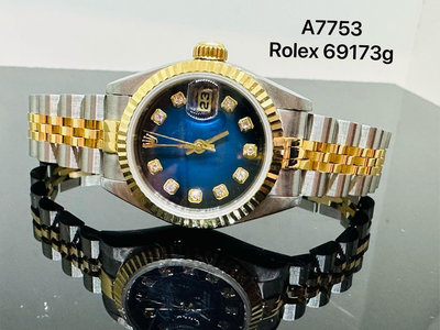 國際精品當舖 ROLEX  69173G 特殊藍色漸層 10鑽面盤 女錶 T字頭 國內空白保單(配備齊全)