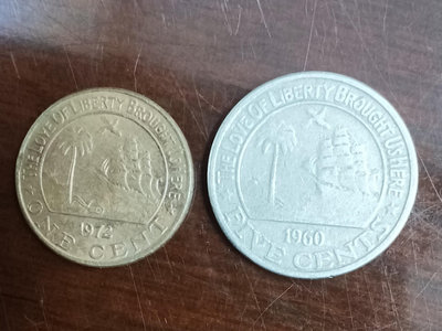 【二手】 利比里亞 1分、5分 1960、1972年 品如圖，尚可1217 紀念幣 硬幣 錢幣【經典錢幣】