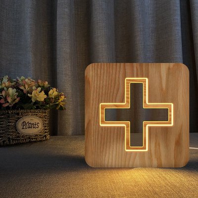 十字架實木裝飾擺件木頭燈 木質USB創意床頭夜燈FS-T2156W