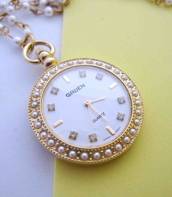 【戴大花2】Vintage古董飾品-GRUEN 日本機心  珍珠鏈條  長項鏈錶   #G8