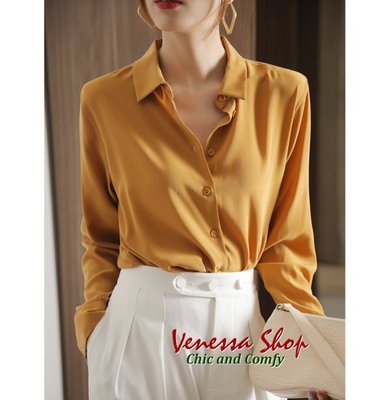 VENESSA~ MO 新款 法式貴族 重磅加厚 40m/m 真絲 蘇丹棕純色長袖襯衫上衣 (E1312)