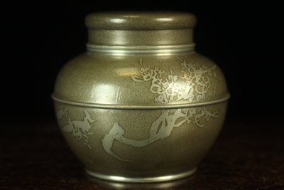 悅年堂 --- 日本 錫製 花卉紋 茶葉罐  老件