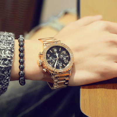 男士手錶 古歐GUOU中性女錶時尚潮流大錶盤帶日歷鋼帶石英錶手錶男女