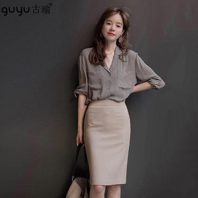 韓國女生OL套裝 素色 S-XL 西裝領長袖襯衫+及膝包臀窄裙 窄裙 上班族office穿搭 兩件式套裝