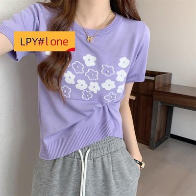 122976 |4色| 圓領T恤衫設計感小花寬鬆針織短袖上衣【LPY#lone】